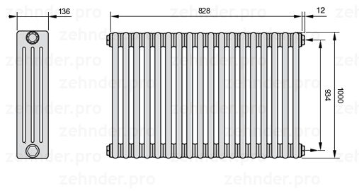 Схема (чертеж) Радиатор Zehnder Charleston 4100/18 №7610 Белый глянцевый RAL 9016